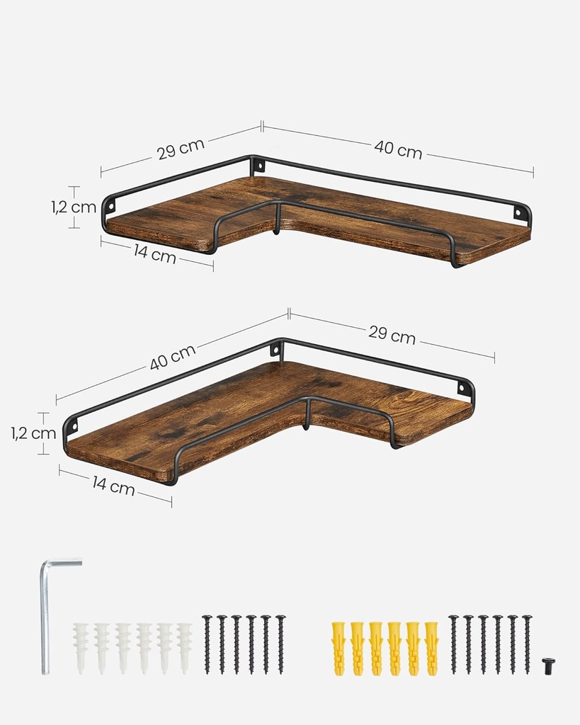 Vasagle L şeklinde köşe rafları, 2'li set, duvar rafları, yüzen raflar, endüstriyel tarz, oturma odası, yatak odası, mutfak, yumuşak kahverengi ve siyah LLS831B01