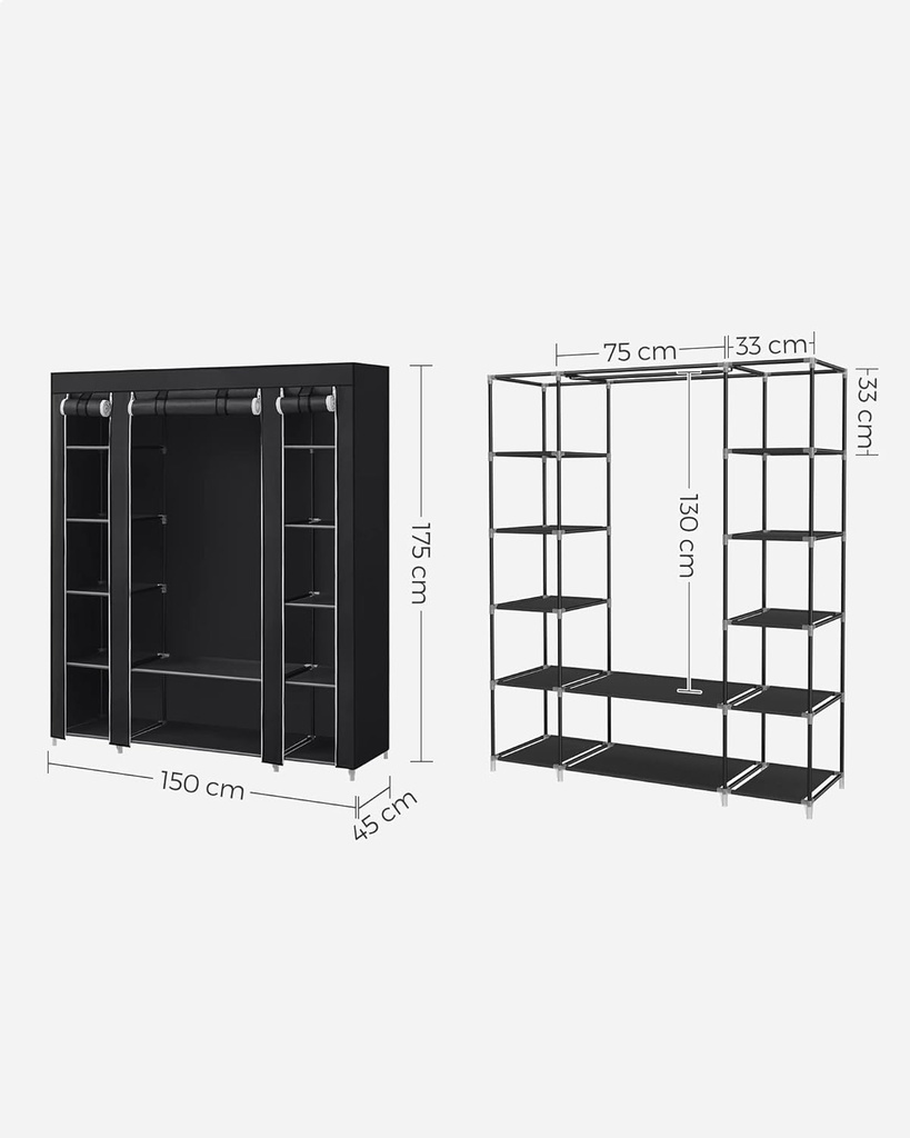 SONGMICS gardırop, kumaş gardırop, dokunmamış kumaş kapaklı, elbise askılı katlanır gardırop, 45 x 150 x 175 cm, 12 raf, metal çerçeve, yatak odası için gardırop, siyah LSF03H