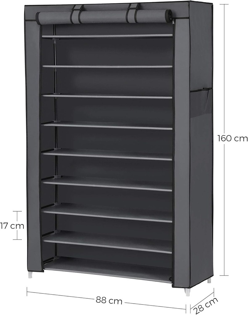 Songmics Toz Geçirmez Örtülü 10 Katlı Ayakkabı Rafı, 88x28x160 CM, Gri, RXJ36G