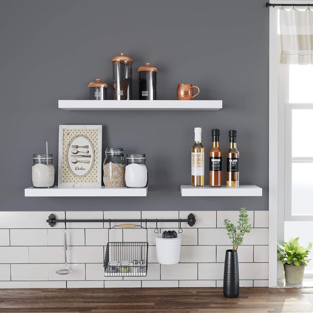 VASAGLE duvar rafı, kitaplar, resimler, dekorasyon, yüzer raf, 80 x 20 x 3,8 cm, ofis rafı, MDF, oturma odası, mutfak, koridor, yatak odası, banyo için duvar panosu, beyaz LWS28WT