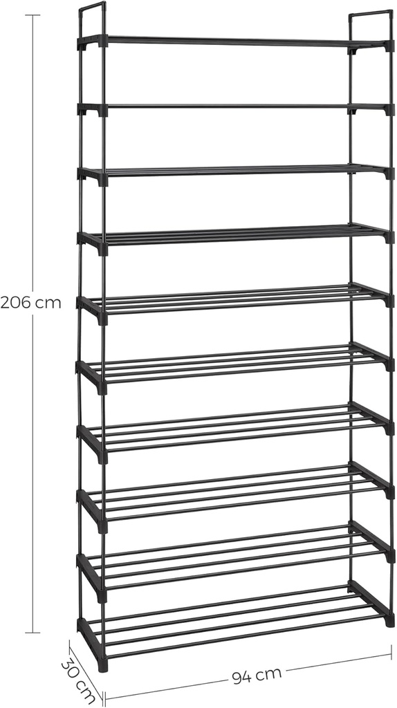 SONGMICS 10 Seviyeli Ayakkabı Rafı, 50 Çifte Kadar Metal Ayakkabı Saklama Yeri, Oturma Odası, Koridor ve Giyinme Odası İçin Ayakkabı Düzenleyici, 92 x 30 x 194 cm, Siyah Lsa10Bk