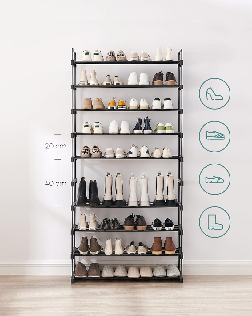 SONGMICS 10 Seviyeli Ayakkabı Rafı, 50 Çifte Kadar Metal Ayakkabı Saklama Yeri, Oturma Odası, Koridor ve Giyinme Odası İçin Ayakkabı Düzenleyici, 92 x 30 x 194 cm, Siyah Lsa10Bk