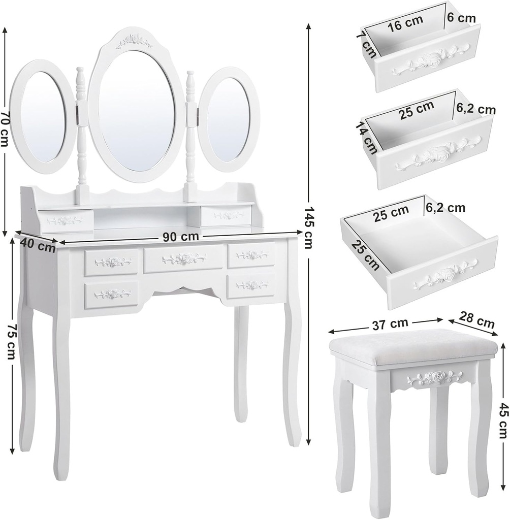 SONGMICS 3 aynalı ve tabureli tuvalet masası, 7 çekmece, eğim koruması, lüks, 145 x 90 x 40 cm, beyaz RDT91W