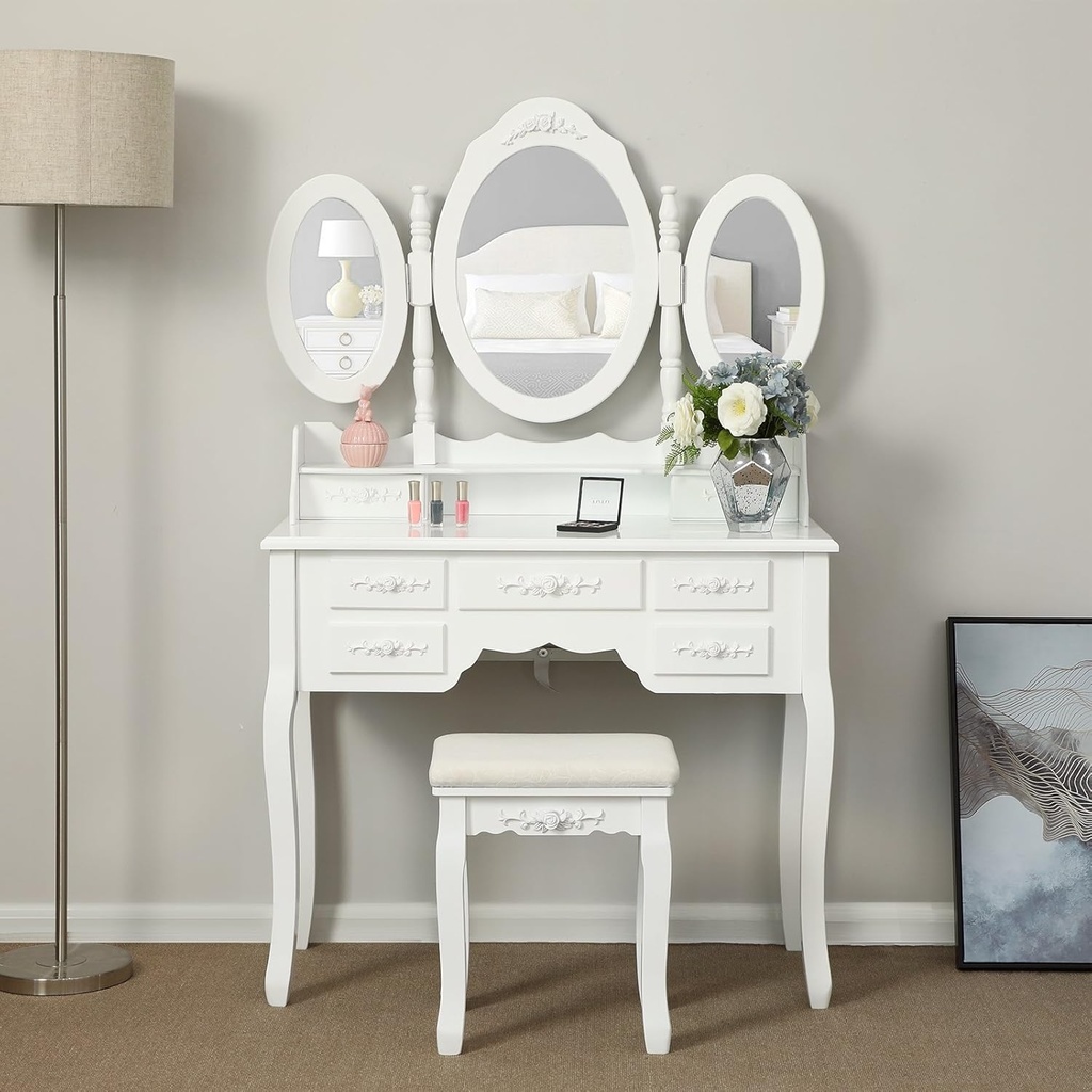 SONGMICS 3 aynalı ve tabureli tuvalet masası, 7 çekmece, eğim koruması, lüks, 145 x 90 x 40 cm, beyaz RDT91W