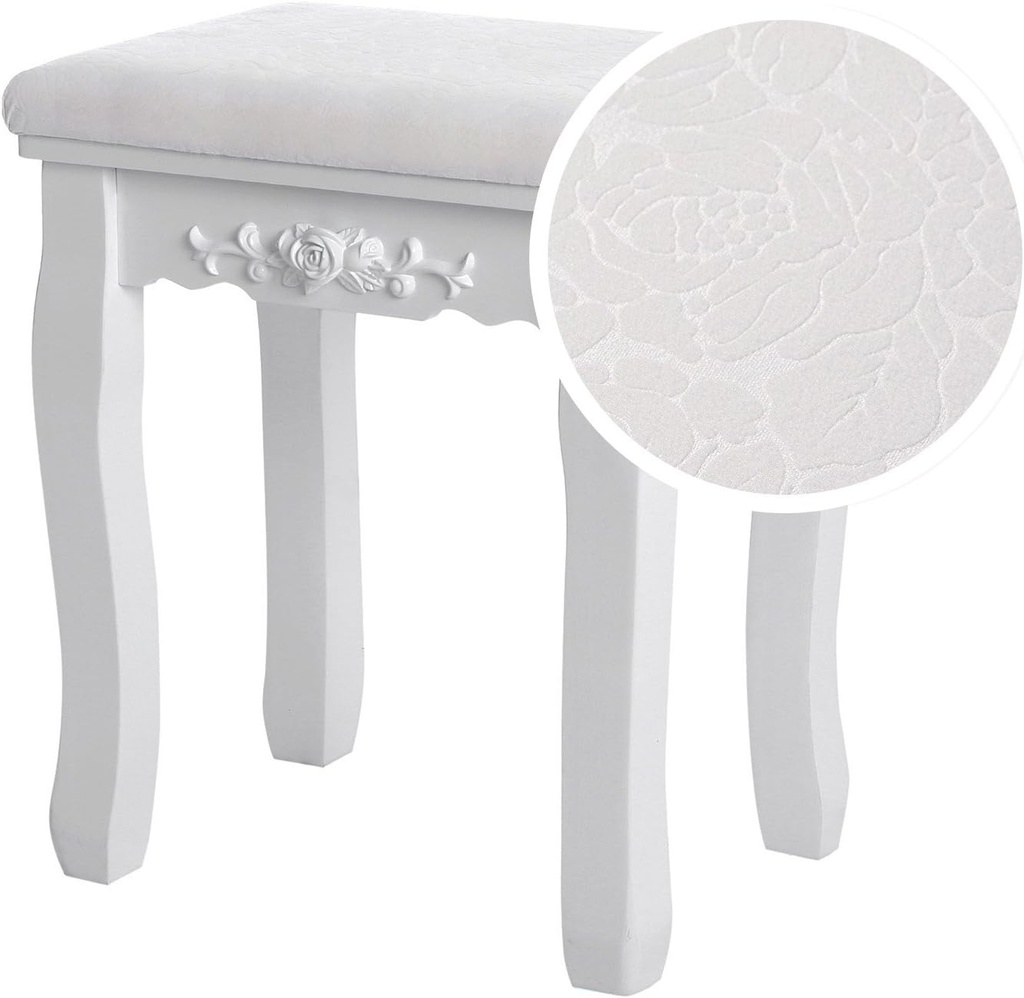 SONGMICS 3 aynalı ve tabureli tuvalet masası, 7 çekmece, eğim koruması, lüks, 145 x 90 x 40 cm, beyaz RDT91W