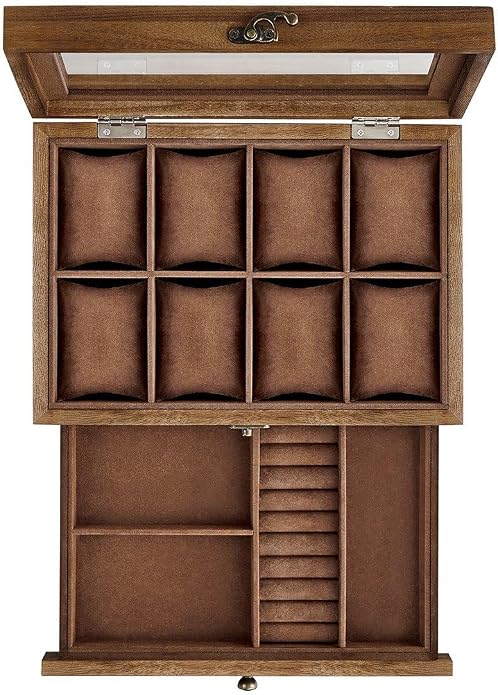 SONGMICS 8 bölmeli saat kutusu, masif ahşaptan yapılmış saat kutusu, cam kapaklı, yüzükler, JOW008K01