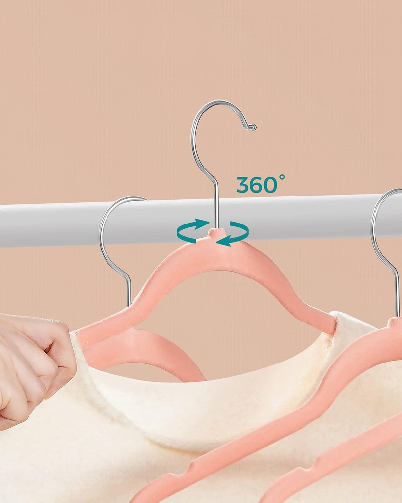 SONGMICS 30'lu Paket Kadife Palto Askısı, Ceket Askısı, 43,5 cm Uzunluğunda Takım Elbise Askısı, Palto, Gömlek ve Takım Elbiseler için İnce, Ağır Hizmet Tipi 360 Derece Dönebilen Kancalar, Pembe CRF26PK