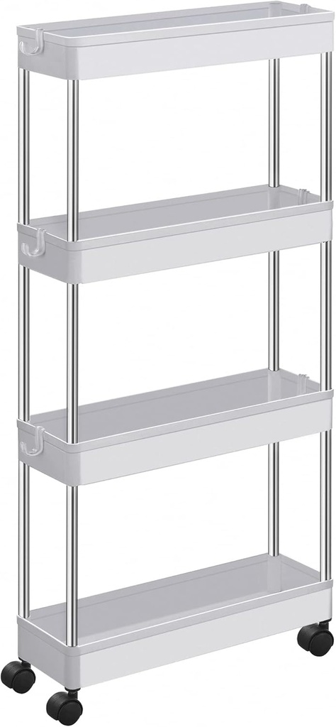 SONGMICS 4 Tier Plastic Mobile Shelf, Slim Space Saving Organizer, for Small Spaces, Kitchen, Bathroom, Office, 42 x 13.5 x 87 cm, White KSC08WT