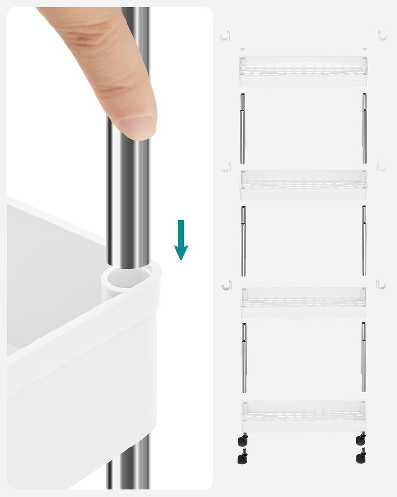 SONGMICS 4 Tier Plastic Mobile Shelf, Slim Space Saving Organizer, for Small Spaces, Kitchen, Bathroom, Office, 42 x 13.5 x 87 cm, White KSC08WT