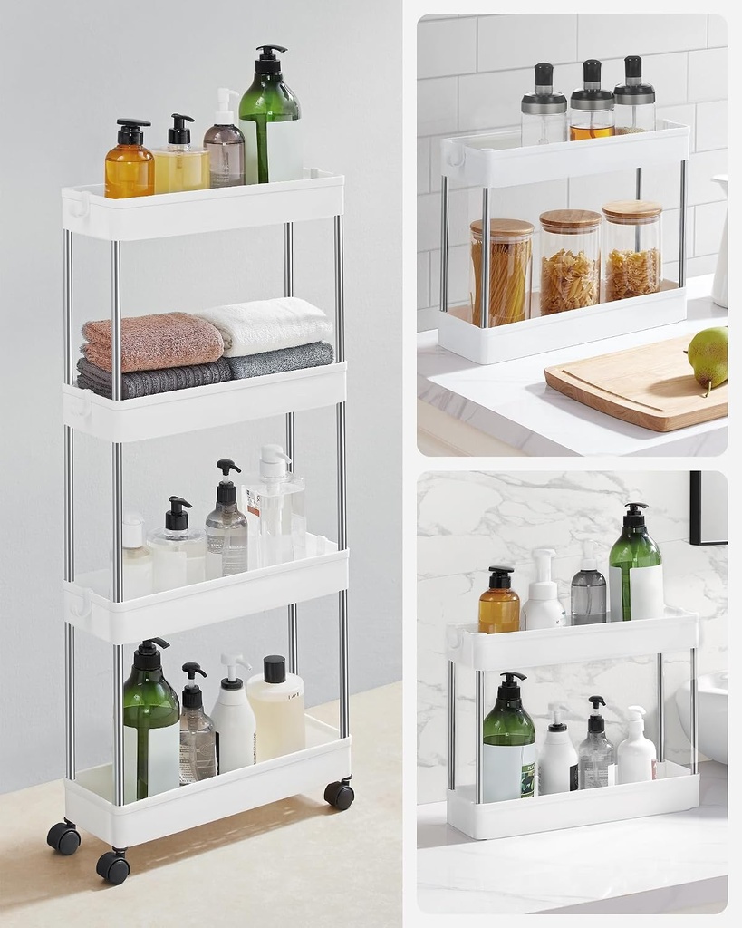 SONGMICS 4 Tier Plastic Mobile Shelf, Slim Space Saving Organizer, for Small Spaces, Kitchen, Bathroom, Office, 42 x 13.5 x 87 cm, White KSC08WT