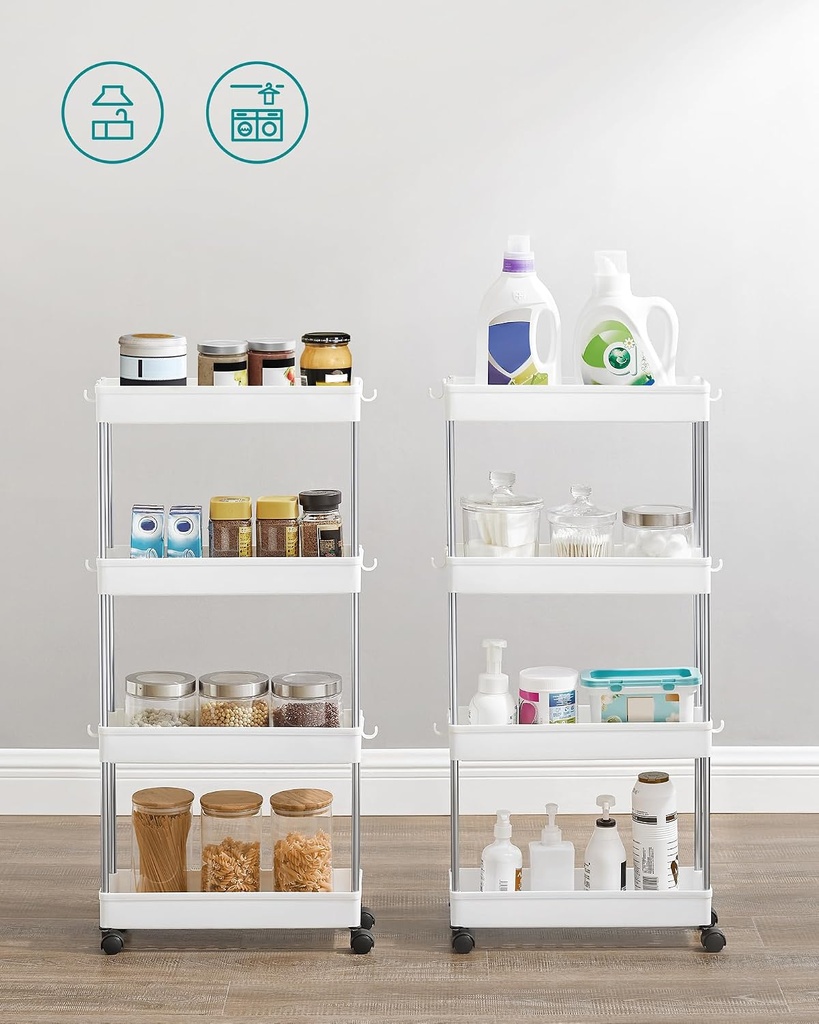 SONGMICS 4 Tier Plastic Mobile Shelf, Slim Space Saving Organizer, for Small Spaces, Kitchen, Bathroom, Office, 42 x 13.5 x 87 cm, White KSC08WT