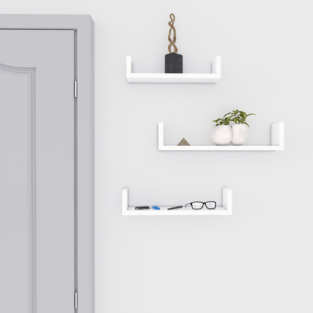 SONGMICS Duvar Rafları, 3'Lü Set, U Şeklinde Yüzer Raflar, Çok Parlak Yüzey, Yaratıcı Fikirler, Mdf'Den Yapılmış Depolama Rafı, Beyaz Lws40Wt