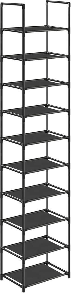 SONGMICS 10 katlı ayakkabı rafı, ayakkabı standı, yerden tasarruf sağlayan ayakkabı saklama, 33 x 33 x 173 cm, metal çerçeve, dokuma olmayan kumaş raflar, koridor, yatak odası, siyah LSR110B02