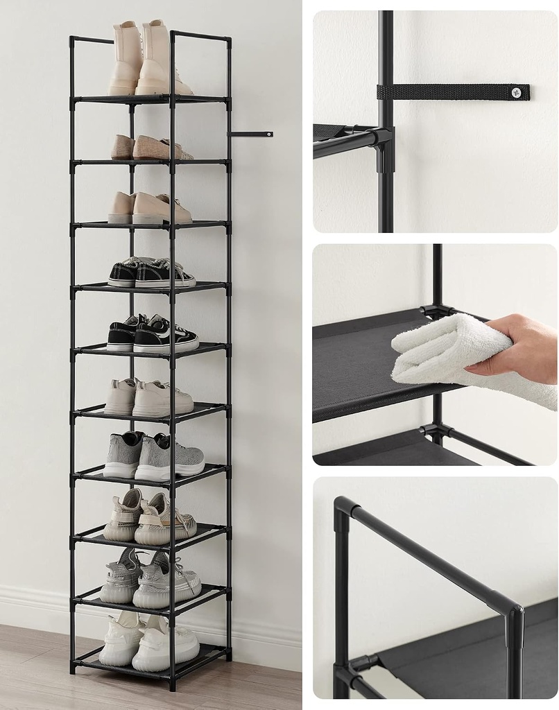 SONGMICS 10 katlı ayakkabı rafı, ayakkabı standı, yerden tasarruf sağlayan ayakkabı saklama, 33 x 33 x 173 cm, metal çerçeve, dokuma olmayan kumaş raflar, koridor, yatak odası, siyah LSR110B02