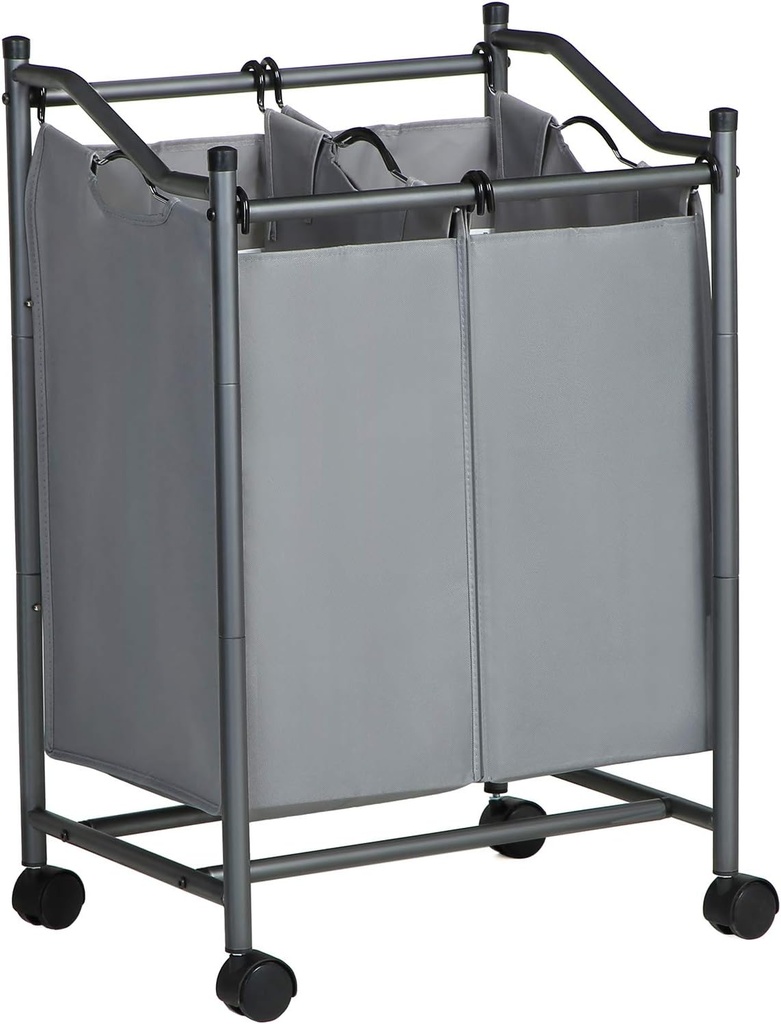 SONGMICS çamaşır ayırıcı, tekerlekli ve 2 bölmeli, çamaşır sepeti, çıkarılabilir çantalı çamaşır arabası, toplam kapasite 90 l, siyah, LSF002BK