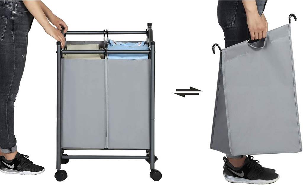 SONGMICS çamaşır ayırıcı, tekerlekli ve 2 bölmeli, çamaşır sepeti, çıkarılabilir çantalı çamaşır arabası, toplam kapasite 90 l, siyah, LSF002BK