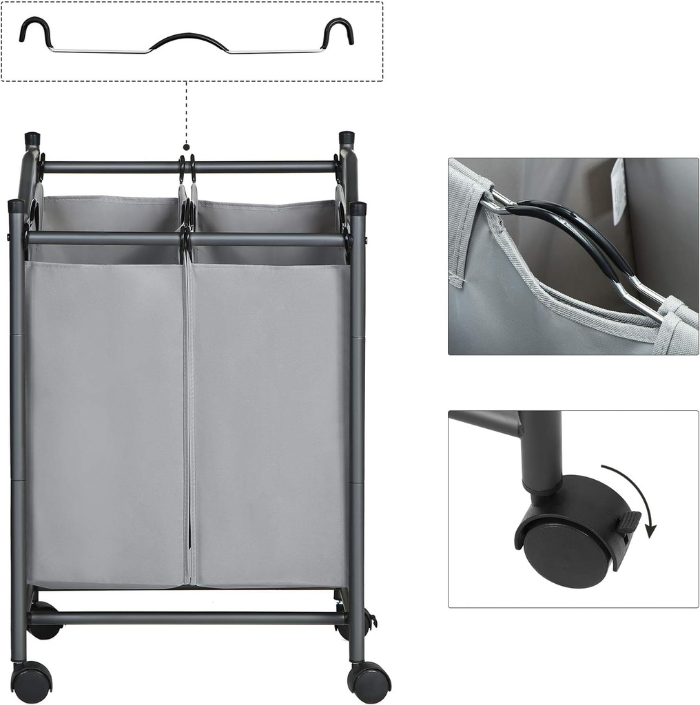 SONGMICS çamaşır ayırıcı, tekerlekli ve 2 bölmeli, çamaşır sepeti, çıkarılabilir çantalı çamaşır arabası, toplam kapasite 90 l, siyah, LSF002BK