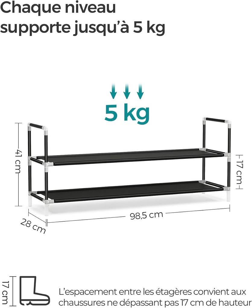 SONGMICS 2 Katlı Raf, Antre Dolabı İçin Ayakkabı Saklama Çözümü, İnce ve Yer Tasarrufu Sağlayan, Metal Çerçeve, Dokuma Olmayan Kumaş Raflar, Siyah Lsh052B01