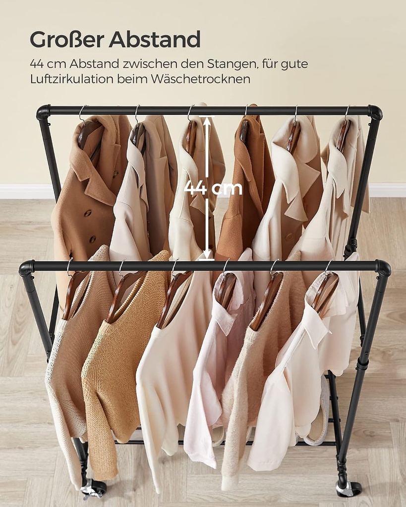 SONGMICS elbise askısı, elbise askısı, 2 elbise askısı ve raflı elbise askısı, tekerlekler, 110 kg'a kadar yük kapasitesi, endüstriyel tasarım, yatak odası, giyinme odası için, siyah HSR60B