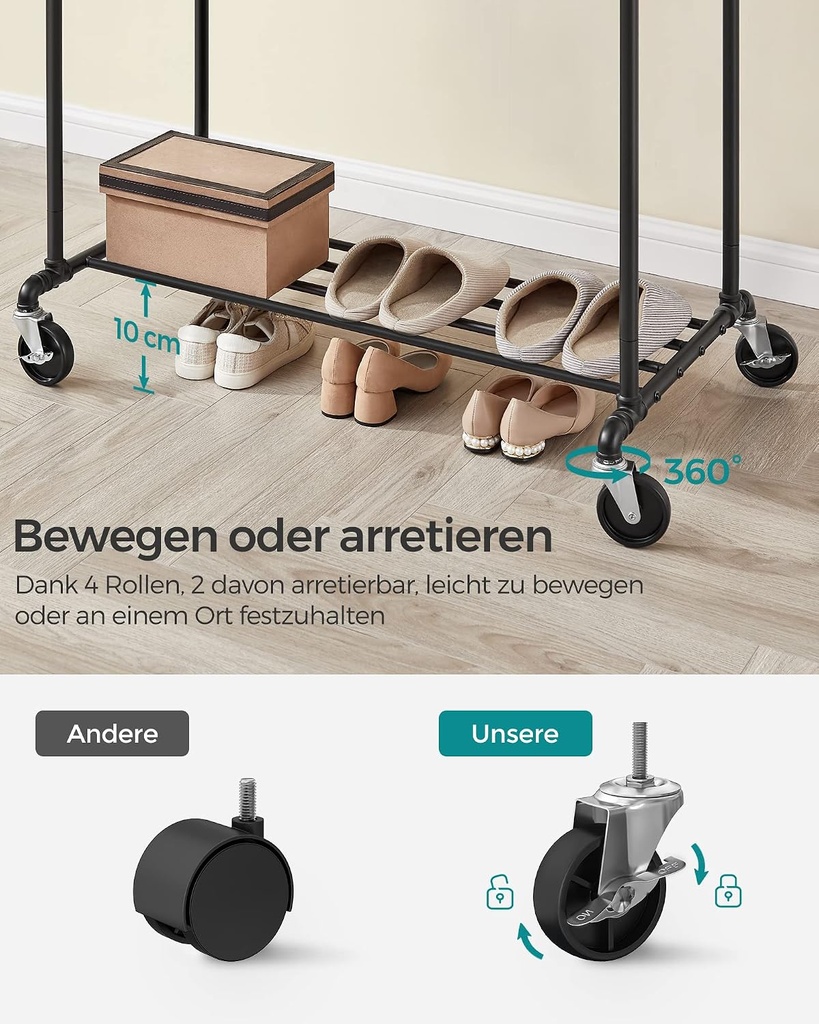 SONGMICS elbise askısı, elbise askısı, 2 elbise askısı ve raflı elbise askısı, tekerlekler, 110 kg'a kadar yük kapasitesi, endüstriyel tasarım, yatak odası, giyinme odası için, siyah HSR60B
