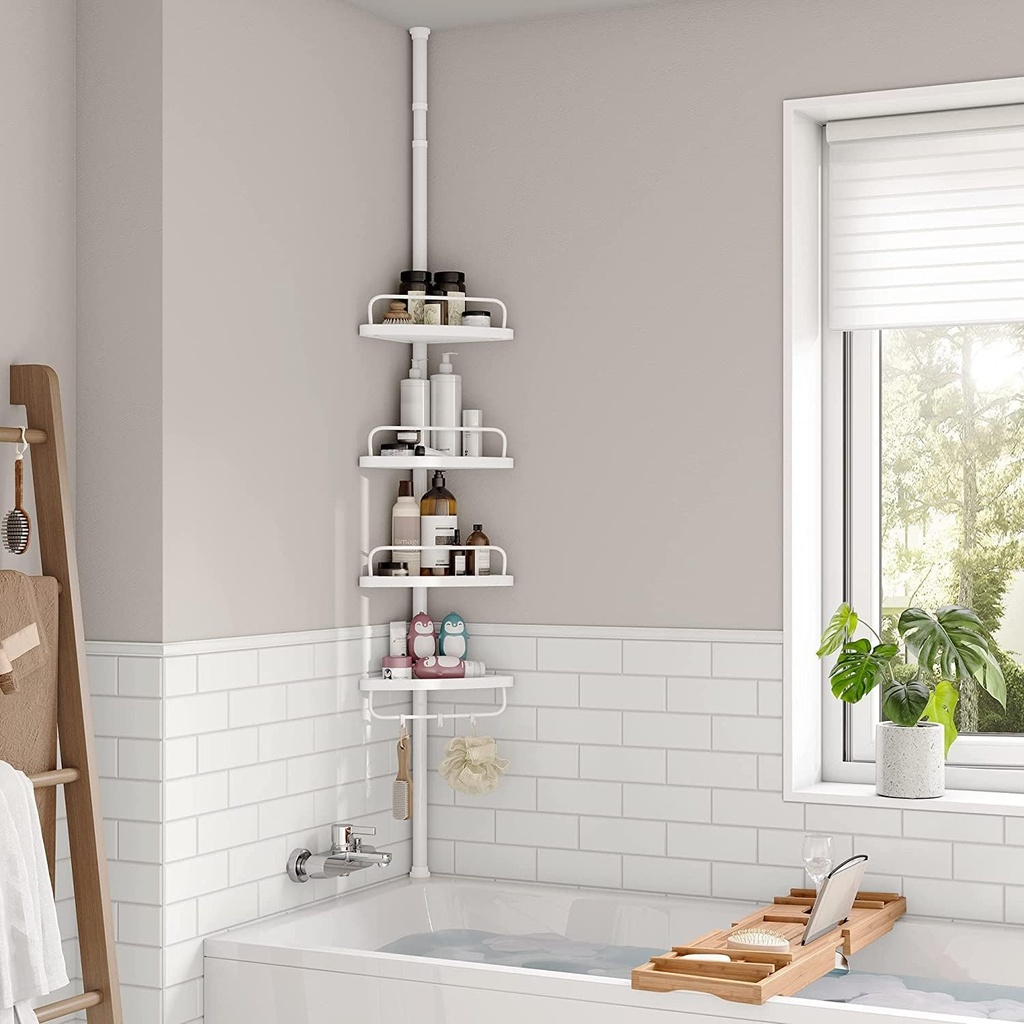 SONGMICS Duş Rafı, 85 – 305 cm Yüksekliği Ayarlanabilir, 4 Tepsili Banyo Rafı, Duş Köşesi, Delme Gerektirmez, Beyaz Bcb001A