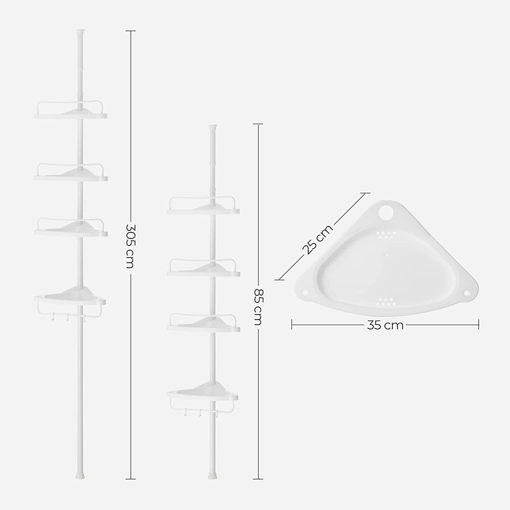 SONGMICS Duş Rafı, 85 – 305 cm Yüksekliği Ayarlanabilir, 4 Tepsili Banyo Rafı, Duş Köşesi, Delme Gerektirmez, Beyaz Bcb001A