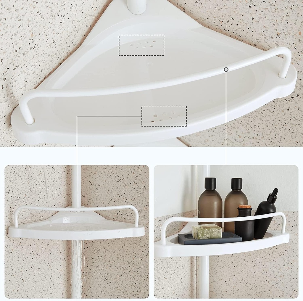 SONGMICS Duş Rafı, 85 – 305 cm Yüksekliği Ayarlanabilir, 4 Tepsili Banyo Rafı, Duş Köşesi, Delme Gerektirmez, Beyaz Bcb001A