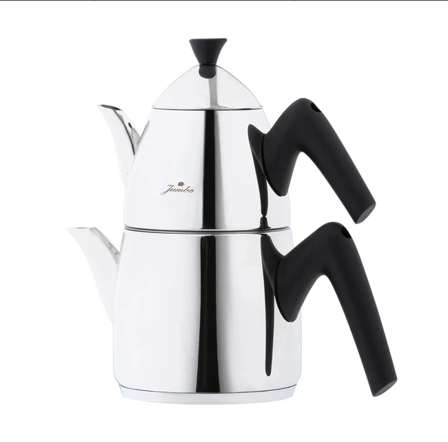 Jumbo Çaydanlık Takımı Paslanmaz Çelik Siyah Kulp ile 1 lt Demlik 2 lt Su Kapasitesi