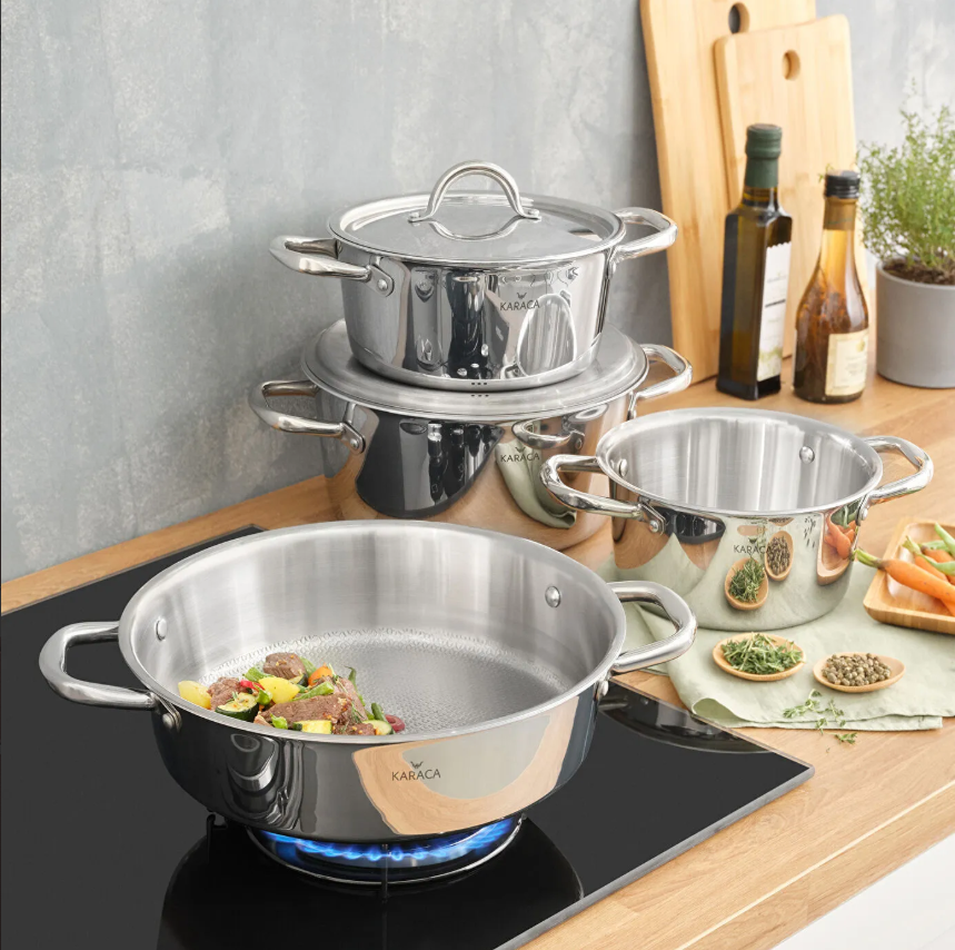 Karaca 3Ply Power Steel 316+ Çelik Konik 8 Parça Petekli Çelik Tencere Seti