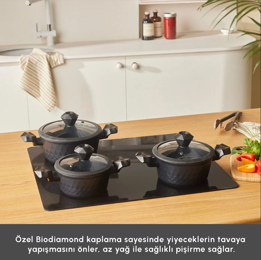 Karaca BioDiamond Antibakteriyel Kulp İndüksiyon Tabanlı 6 Parça Tencere Seti