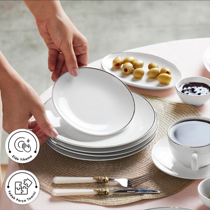 Karaca Marcelo New Bone 26 Parça Platin Renkli Düz Desenli 6 Kişilik Kahvaltı ve Servis Takımı