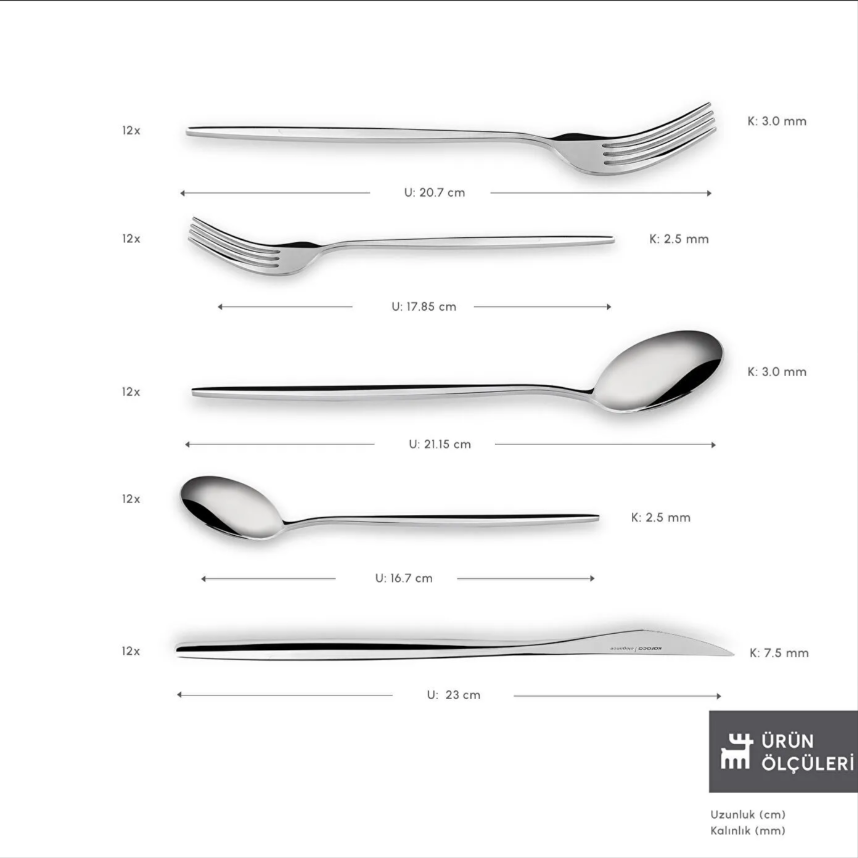 karaca porto 60 parça 12 kişilik elegance çatal kaşık bıçak takımı kutulu