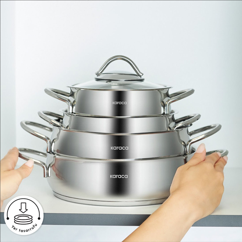Karaca Urla 8 Parça Derin Tencere Seti Paslanmaz Çelik Gümüş Renk 22 cm Ebat