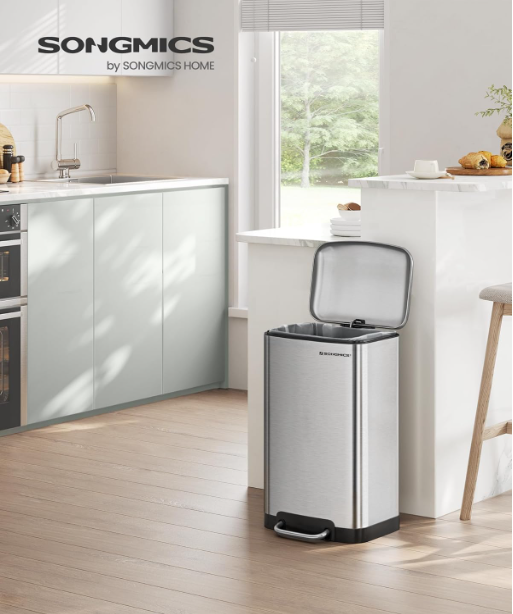 SONGMICS 30L Çelik Pedallı Çöp Kovası İç Çöp Kovalı ve Kapaklı Yumuşak Kapanan Hava Geçirmez Mutfak Çöp Kutusu, Gümüş Ltb01L