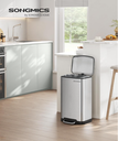 SONGMICS 30L Çelik Pedallı Çöp Kovası İç Çöp Kovalı ve Kapaklı Yumuşak Kapanan Hava Geçirmez Mutfak Çöp Kutusu, Gümüş Ltb01L