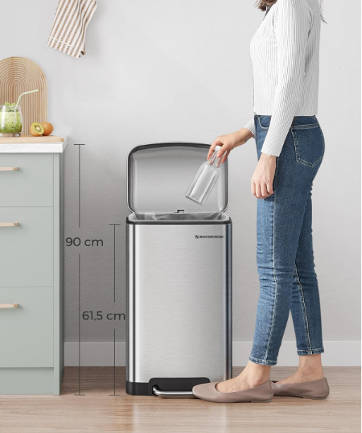 SONGMICS 30L Çelik Pedallı Çöp Kovası İç Çöp Kovalı ve Kapaklı Yumuşak Kapanan Hava Geçirmez Mutfak Çöp Kutusu, Gümüş Ltb01L