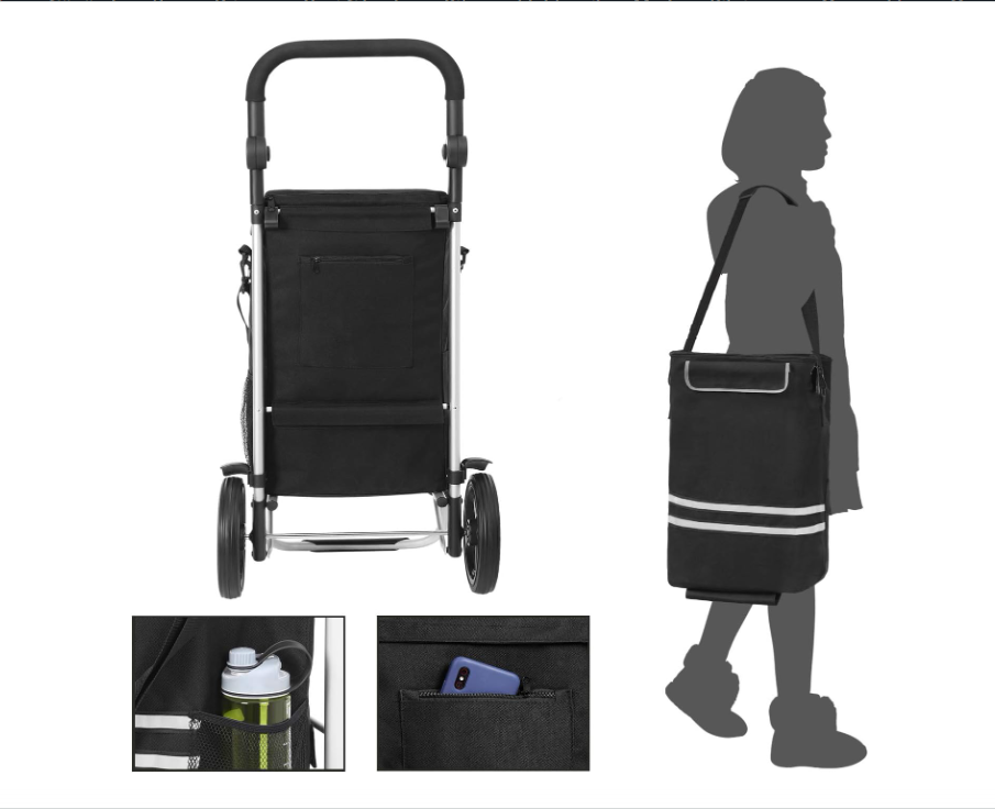 SONGMICS Alışveriş Arabası Katlanır Sağlam Alışveriş Arabası, Soğutma Bölmeli Büyük Kapasiteli 35L KST03BK