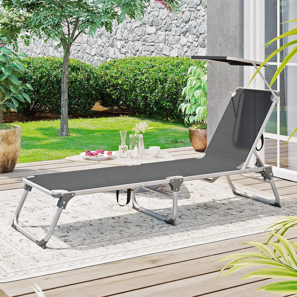 SONGMICS Ayarlanabilir ve Katlanabilir Gölgelikli Şezlong, 55x193x31 CM, Gri Kırçıllı, GCB19TG