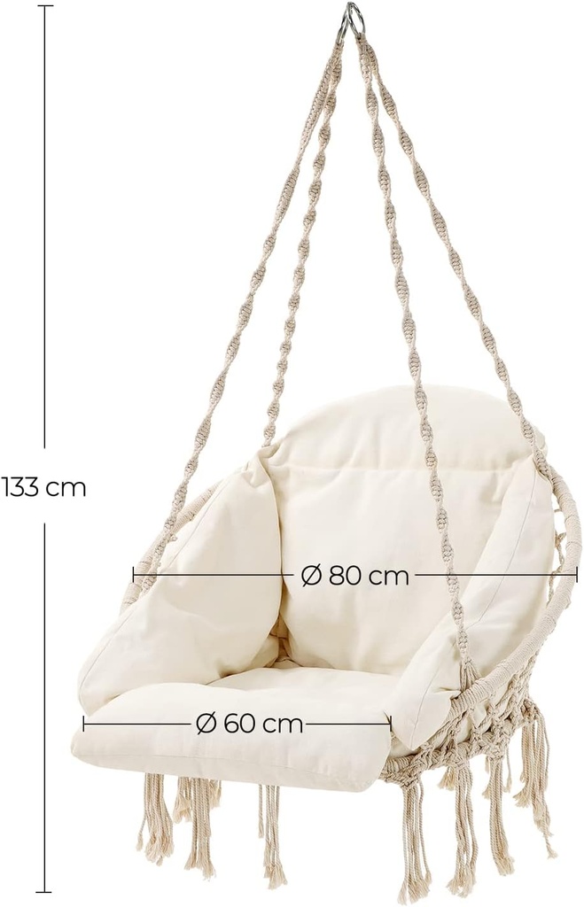 SONGMICS Asma koltuk, Asma sallanan koltuk, kalın yastıklı asma sandalye, 120 kg'a kadar yüklenebilir, bahçe, balkon, oturma odası, teras, İskandinav tarzı, modern, bej GDC042M01 için