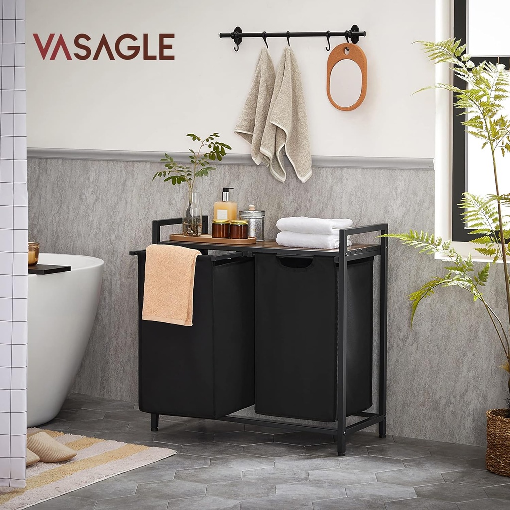 VASAGLE Çamaşır Sepeti 2 Bölmeli, Raflı Çamaşır Torbası, Çamaşır Kutusu, Oxford Kumaştan Uzatılabilir Çamaşır Torbası, Metal Çerçeve, 2 x 46 L, 73 x 33 x 72 cm, Vintage Kahverengi-Gri BLH201G01