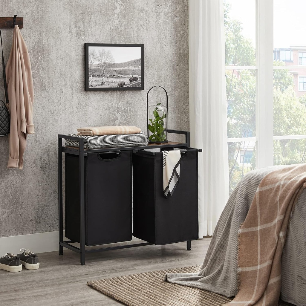 VASAGLE Çamaşır Sepeti 2 Bölmeli, Raflı Çamaşır Torbası, Çamaşır Kutusu, Oxford Kumaştan Uzatılabilir Çamaşır Torbası, Metal Çerçeve, 2 x 46 L, 73 x 33 x 72 cm, Vintage Kahverengi-Gri BLH201G01