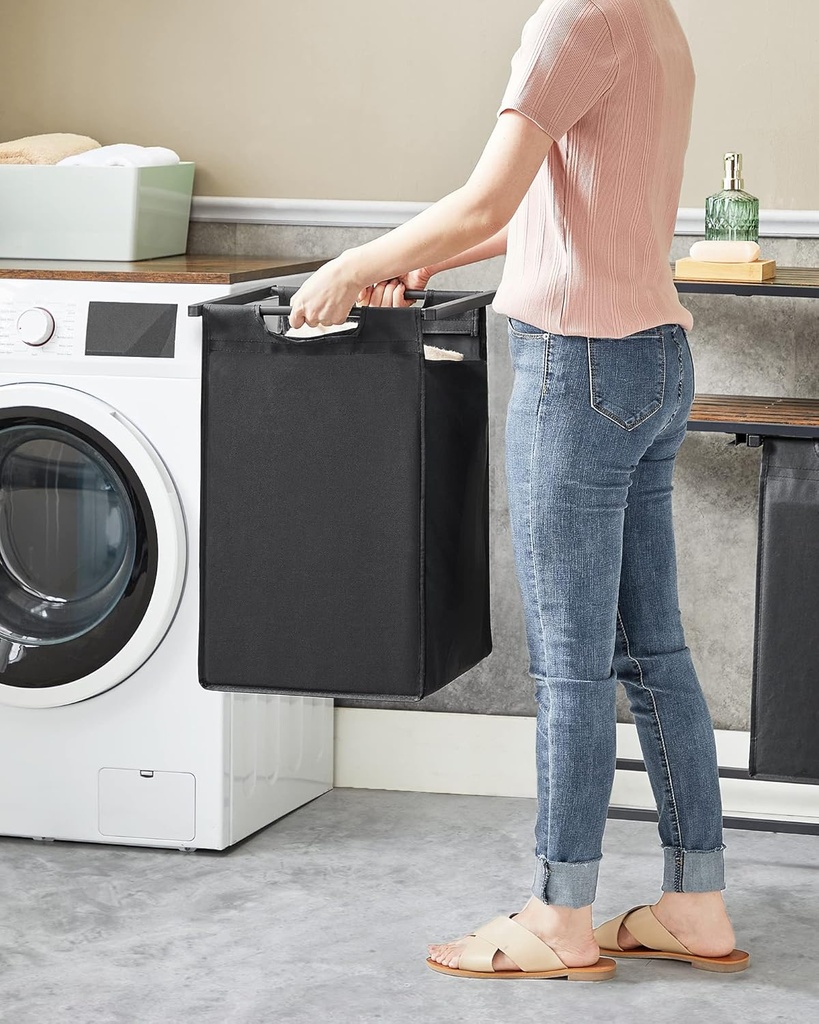VASAGLE Çamaşır Sepeti 2 Bölmeli, Raflı Çamaşır Torbası, Çamaşır Kutusu, Oxford Kumaştan Uzatılabilir Çamaşır Torbası, Metal Çerçeve, 2 x 46 L, 73 x 33 x 72 cm, Vintage Kahverengi-Gri BLH201G01