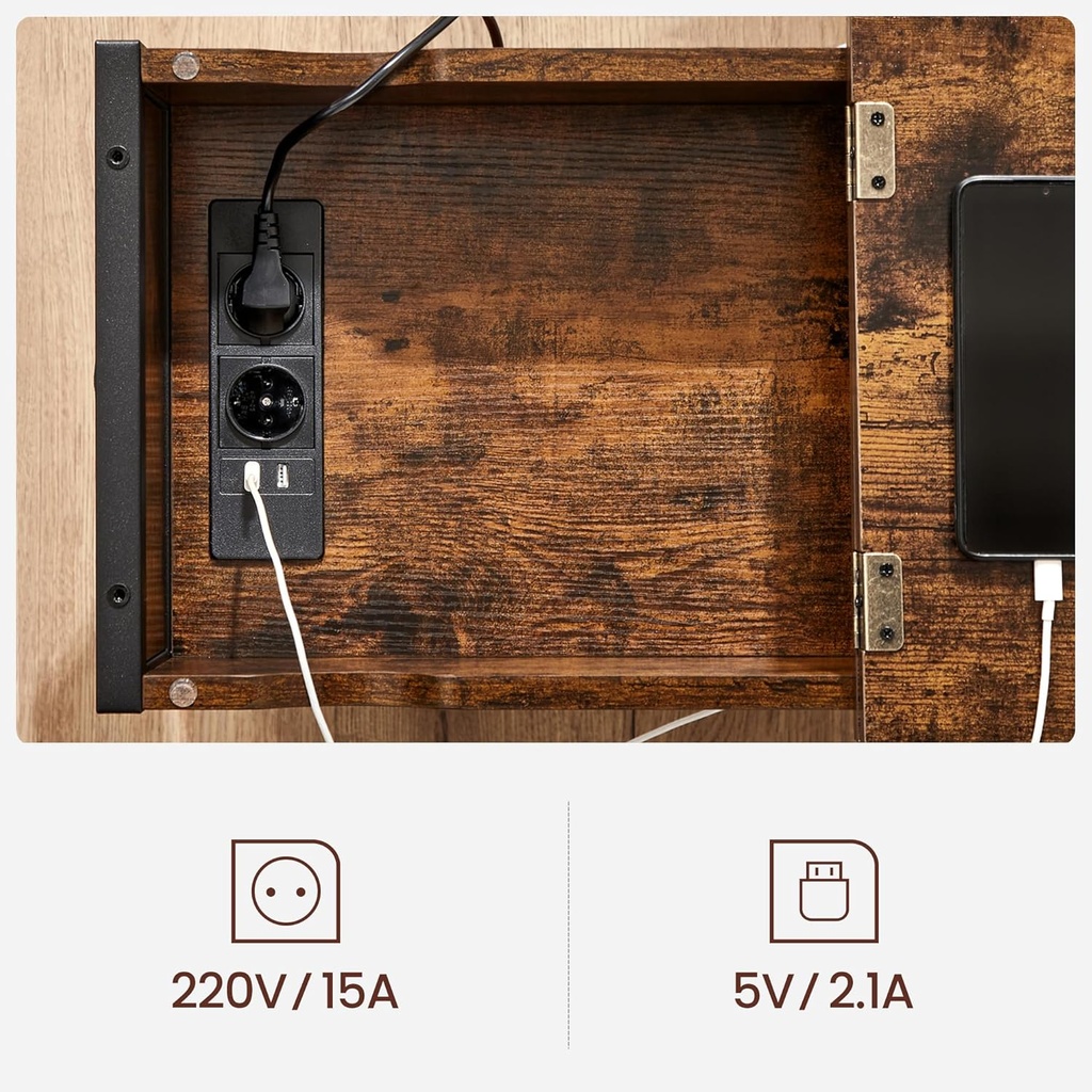 Vasagle Elektrikli Sehpa, Yan Masa, Katlanır Masa, Başucu Masası, Elektrik Soketli, Kumaş Eşya Torbalı, Vintage, Kahverengi - Siyah, LET311B01