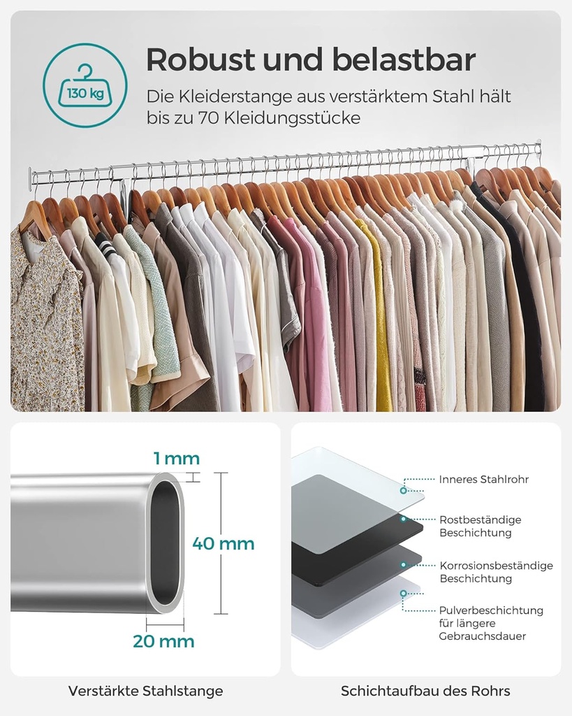 SONGMICS elbise askısı, tekerlekli elbise askıları, metalden yapılmış portmanto, 130 kg'a kadar yüklenebilir, uzunluk 110-150 cm, krom kaplama, HSR11S