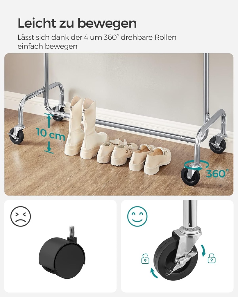 SONGMICS elbise askısı, tekerlekli elbise askıları, metalden yapılmış portmanto, 130 kg'a kadar yüklenebilir, uzunluk 110-150 cm, krom kaplama, HSR11S