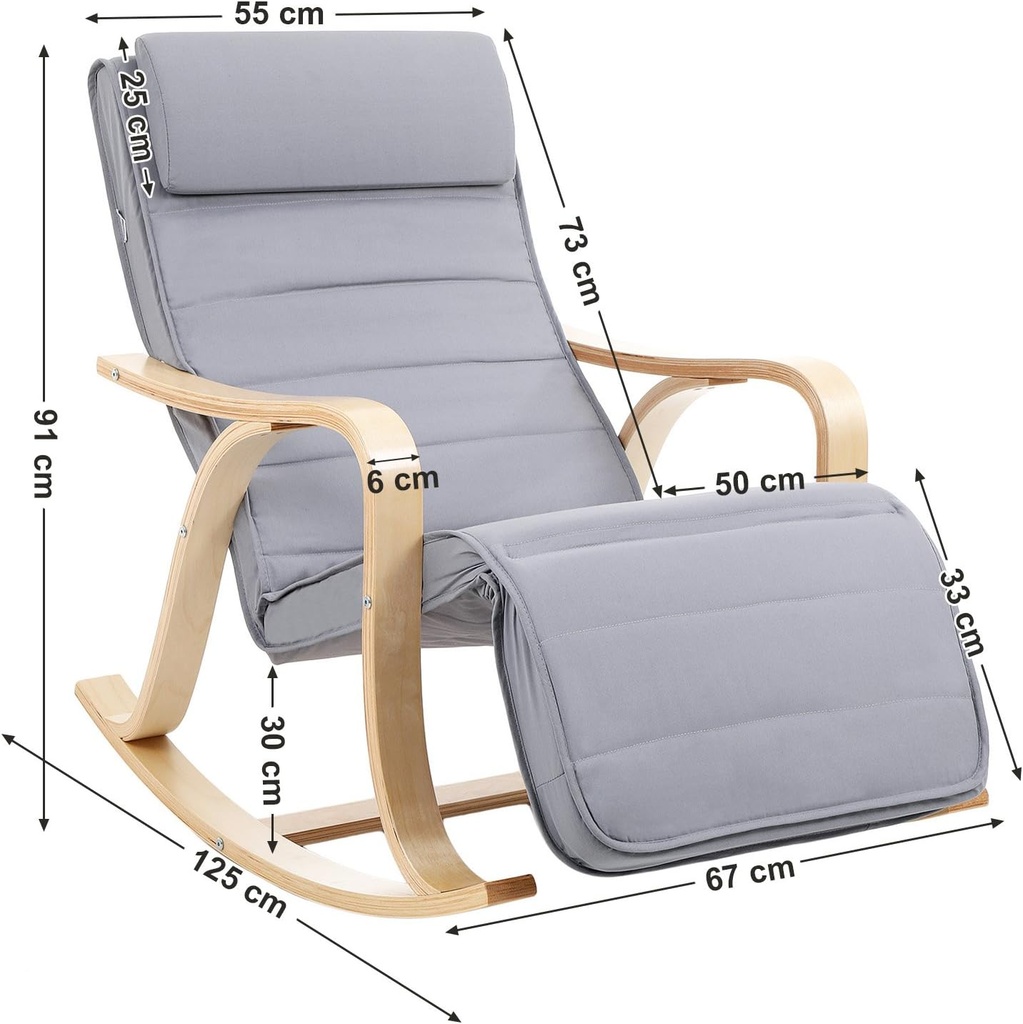 SONGMICS Huş Ağacı Sallanan Sandalye, 5 Kademede Ayarlanabilen Ayak Desteği, Pamuk Kılıf, 150 Kg Taşıma Kapasitesi, Oturma Odası, Yatak Odası, Açık Gri, Lyy41G