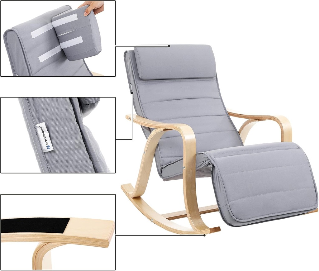 SONGMICS Huş Ağacı Sallanan Sandalye, 5 Kademede Ayarlanabilen Ayak Desteği, Pamuk Kılıf, 150 Kg Taşıma Kapasitesi, Oturma Odası, Yatak Odası, Açık Gri, Lyy41G