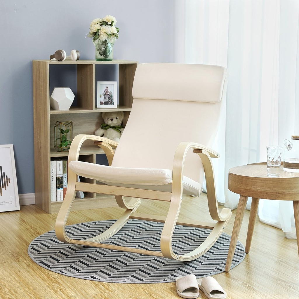 SONGMICS Sallanan sandalye, salıncak sandalye, yatar koltuk, taşıma kapasitesi 120 kg, huş ağacı çerçeve, imitasyon keten kapak, bej LYY30M, 65 x 90 x 98 cm
