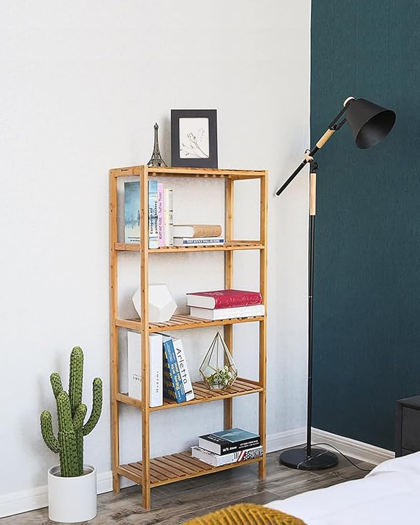 SONGMICS Banyo Rafı 5 Katlı Bambu Dik Raf 9 Seviyede Yüksekliği Ayarlanabilir Çok Fonksiyonlu, Oturma Odası, Koridor, Mutfak İçin Uygun 60x26x130 cm Doğal Renk Bcb35Y