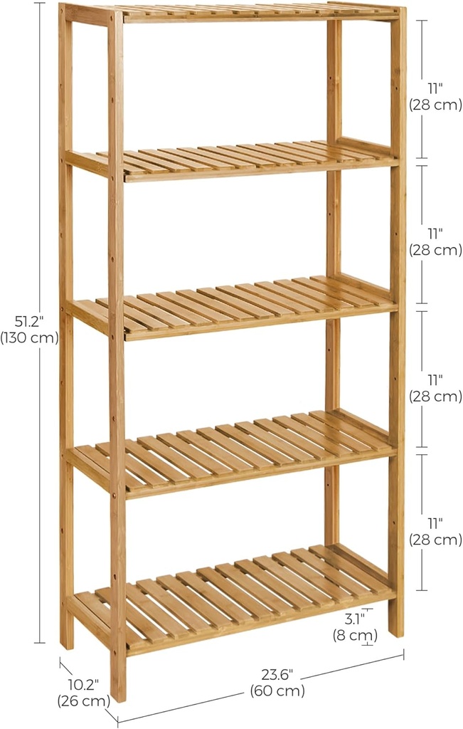SONGMICS Banyo Rafı 5 Katlı Bambu Dik Raf 9 Seviyede Yüksekliği Ayarlanabilir Çok Fonksiyonlu, Oturma Odası, Koridor, Mutfak İçin Uygun 60x26x130 cm Doğal Renk Bcb35Y